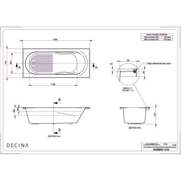 Decina Bambino Inset Bath 1650 line drawing dimension