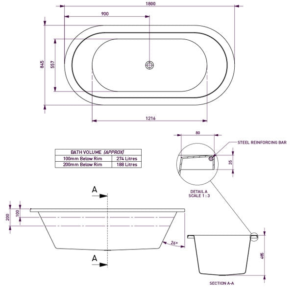 Decina Caval Island Bath 1800 line drawing dimensions