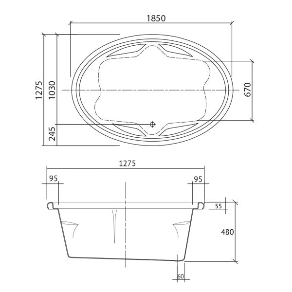 Decina Duo Contour Spa Bath 1850 line dimensions drawings