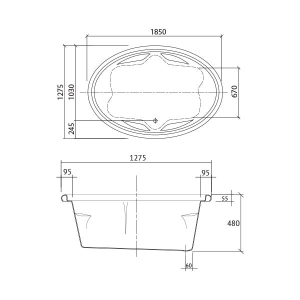 Decina Duo Santai Spa Bath oval bath with jets 1850 line drawing dimensions