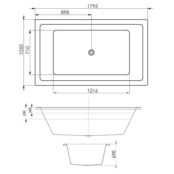 Decina Lago Contour Spa Bath 1795 line drawing and dimensions