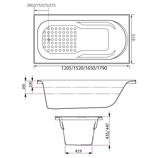 Decina Modena Contour Spa Bath line drawings and dimensions 1205 1520 1650 1790