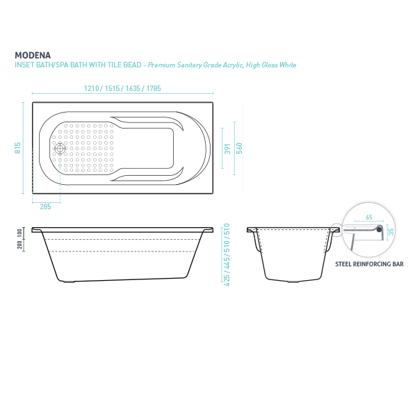 Decina Modena Shower Bath 1210mm, 1515mm, 1635mm and 1785mm Technical Drawing - The Blue Space