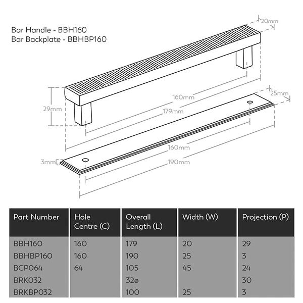 Technical Drawing - Momo Handles Barrington Backplate to Suit Bar Handle Matt Brass
