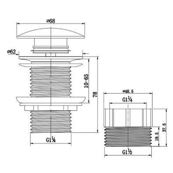 Technical Drawing - Eight Quarters Matte White Ceramic Pop Up Waste