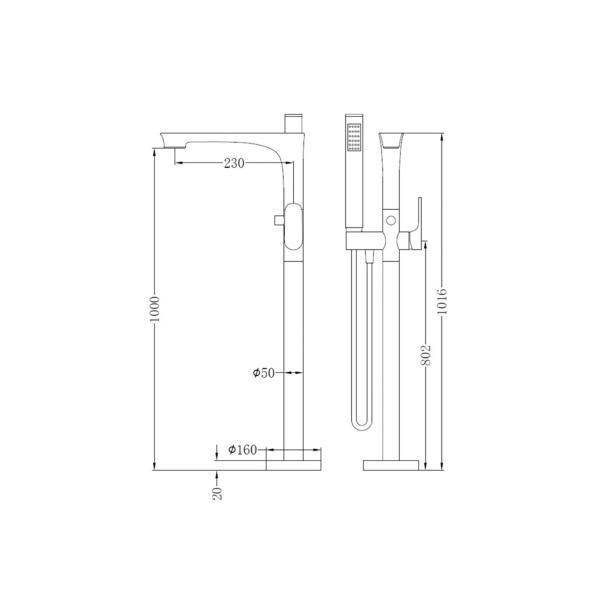 Technical Drawing: Nero Bianca Floor Standing Bath Mixer Brushed Gold