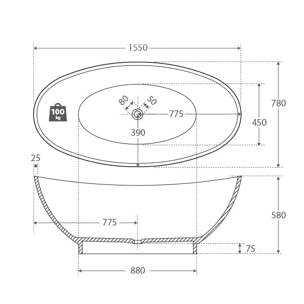 Fienza Antonia Matte White Stone Freestanding Bath technical image