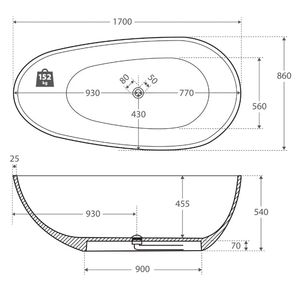 Fienza Bahama Matte Black Stone Freestanding Bath technical image