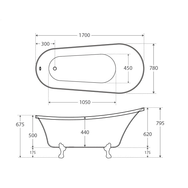Fienza Clawfoot Bath - Matte Black Feet technical image