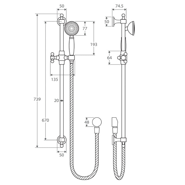 Fienza Lillian Rail Shower technical line drawing with dimensions