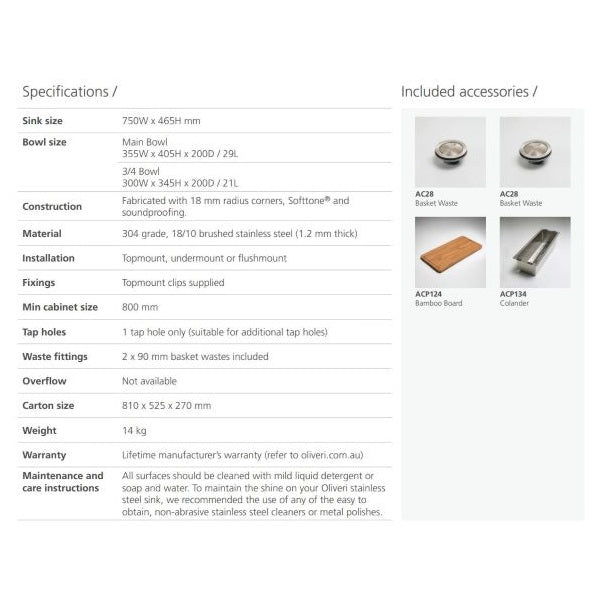 Specification: Oliveri Apollo 1 & 3/4 offset bowl sink 1TH