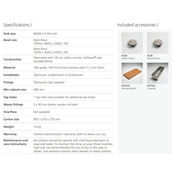 Specifications: Oliveri Apollo double bowl sink 1TH