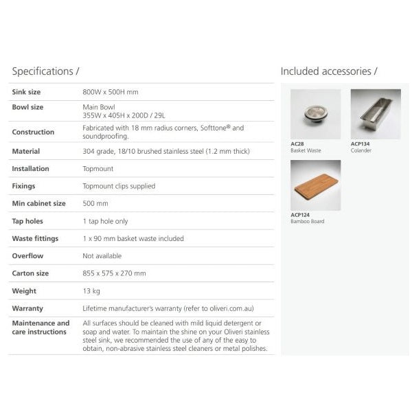 Specifications: Oliveri Apollo single bowl sink with drainer 1TH