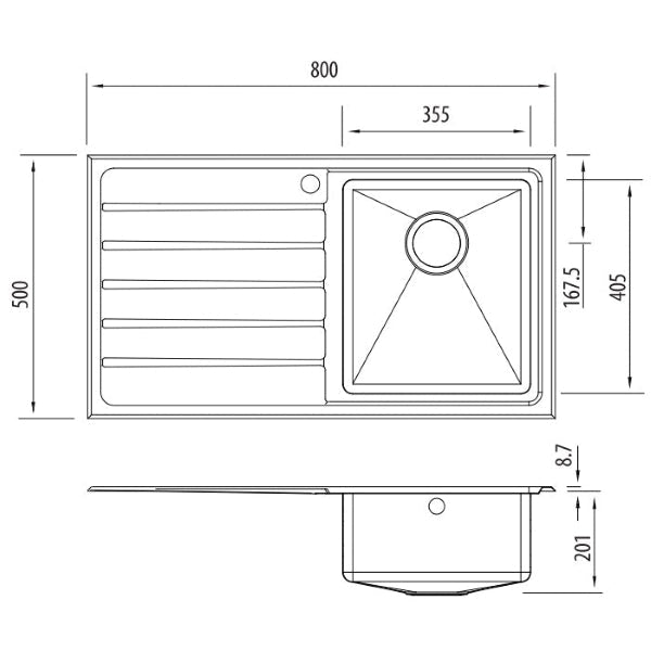 Technical Drawing: Oliveri Apollo single bowl sink with drainer 1TH LH Drainer