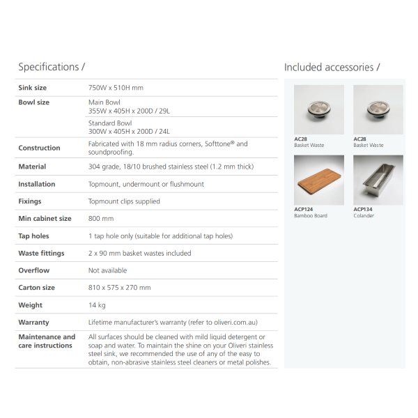 Specifications: Oliveri Apollo 1 & 3/4 bowl sink 1TH