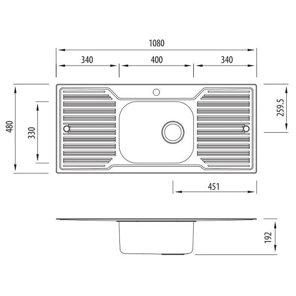 Technical Drawing - Oliveri Diaz single bowl topmount sink with dbl drainer