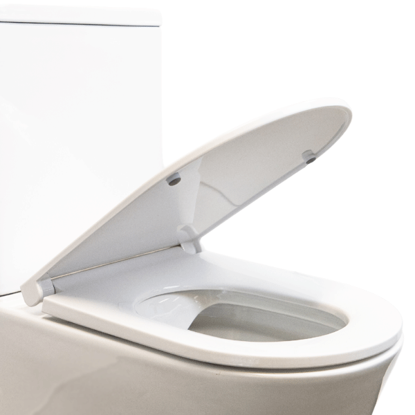 Indigo cali rimless back to wall toilet suite with soft close slim toilet seat design. Toilet seat features rubber notches to stop the lid from touching the seat.