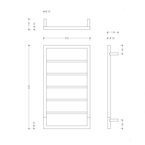 Thermogroup Jeeves Spartan Boxx Heated Towel Rail Technical Drawing - The Blue Space