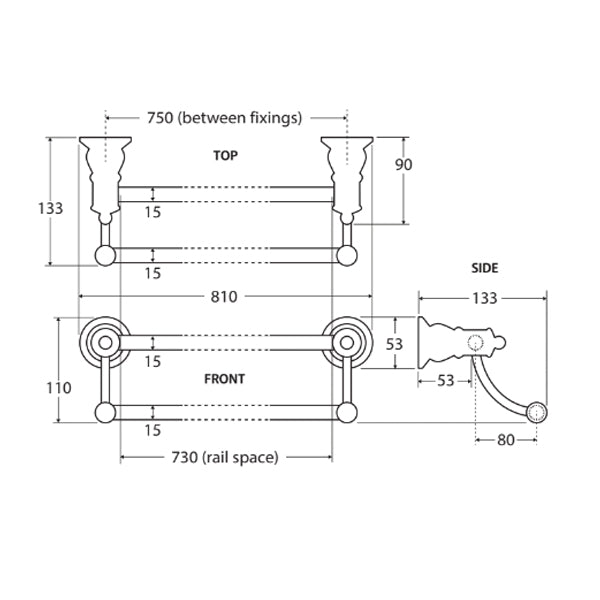 Fienza Lillian Double Towel Rail Brushed Nickel Technical Drawing - The Blue Space