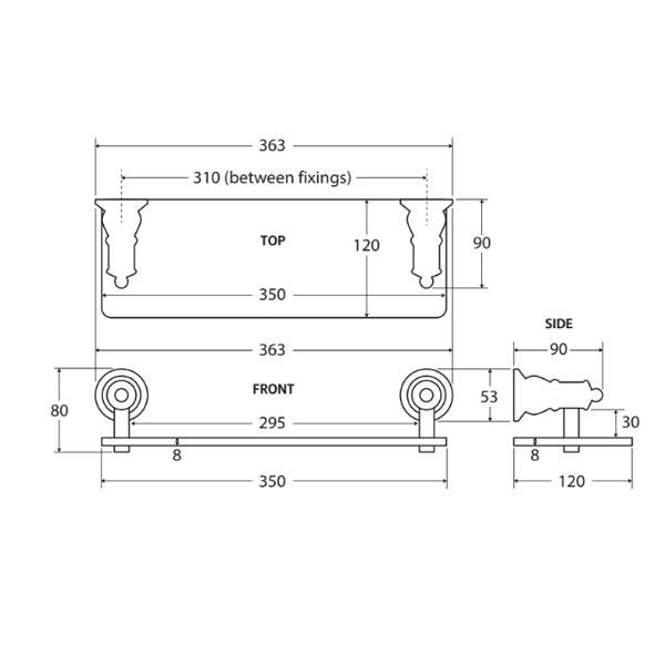 Fienza Lillian Glass Shelf Brushed Nickel Technical Drawing - The Blue Space