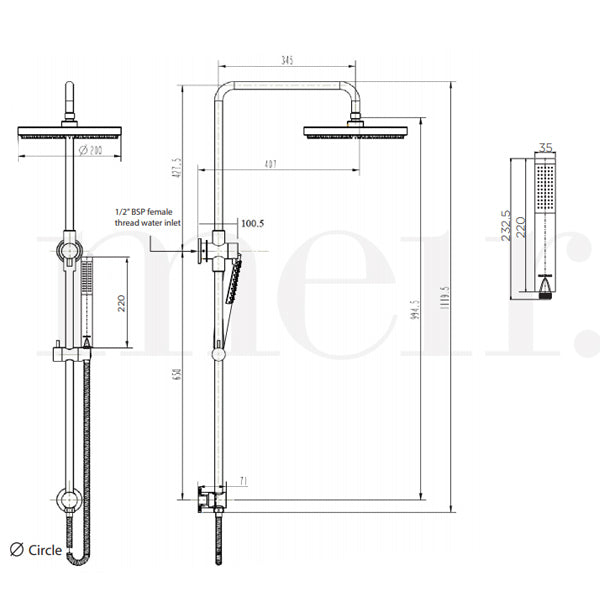 Meir Round Combination Shower Rail 200mm Rose & Hand Shower Technical Drawing - The Blue Space