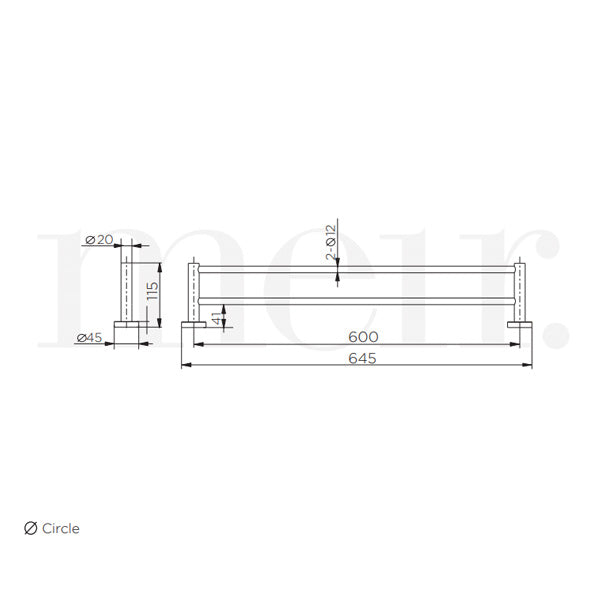 Meir Round Double Matte Black Towel Rail 600mm Technical Drawing - The Blue Space