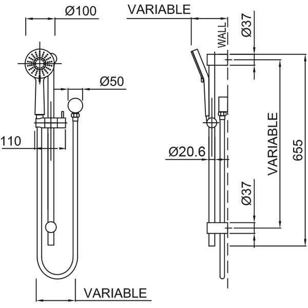 Methven Krome 100 3 Function Rail Shower Technical Drawing