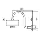 Methven Krome 200mm Wall Shower On Swan Neck Arm Technical Drawing