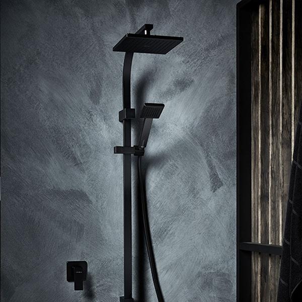 Methven Rere Twin Shower System-Matte Black in moody grey bathroom - The Blue Space