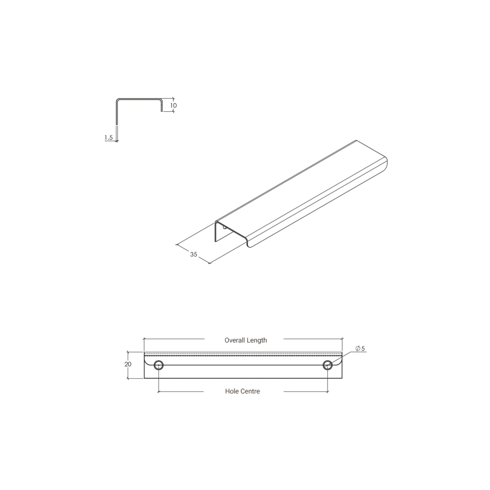 Technical Drawing Momo Handles Ferrara Lip Pull White FER300.WH.FG - The Blue Space