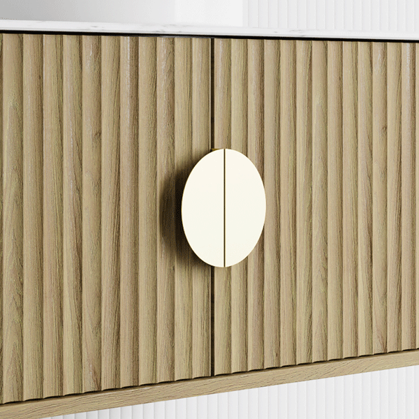 Momo Handles Sola Half Round Lip Pull Brushed Brass on The Blue Space Marquis Bay Exclusive Vanity Design