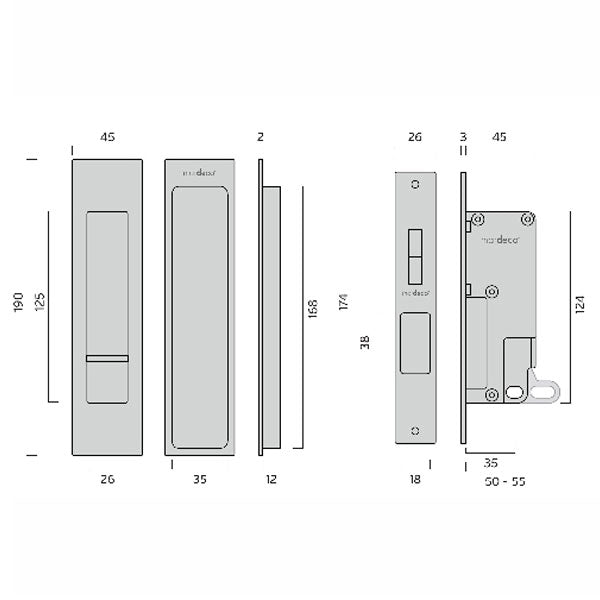 Technical Drawing - Nidus Mardeco Cavity Sliding Door Privacy Set Polished Chrome