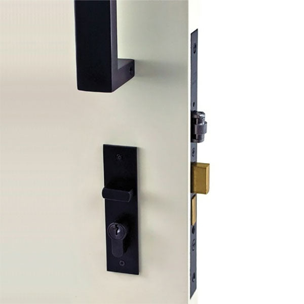 Nidus Matte Black Ozi-3 Pull Handle and Roller Lock Combo - Close up of Australian Made Mortice Lock