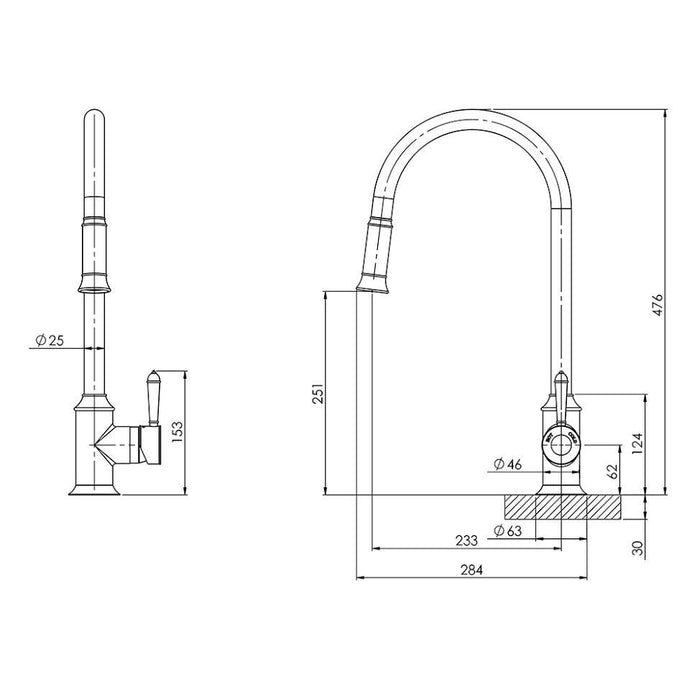 Phoenix Nostalgia Pull Out Sink Mixer-Chrome/White - specs - line drawing and dimensions