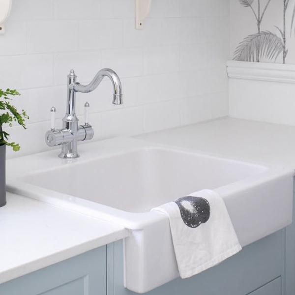 Phoenix Nostalgia Twin Handle Sink Mixer 220mm Shepherds Crook - Chrome/White in laundry