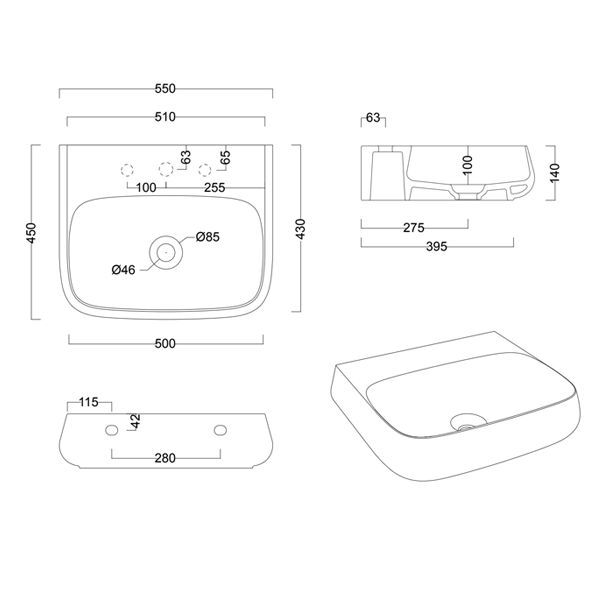 Technical Drawing - Studio Bagno Nur 55 Basin