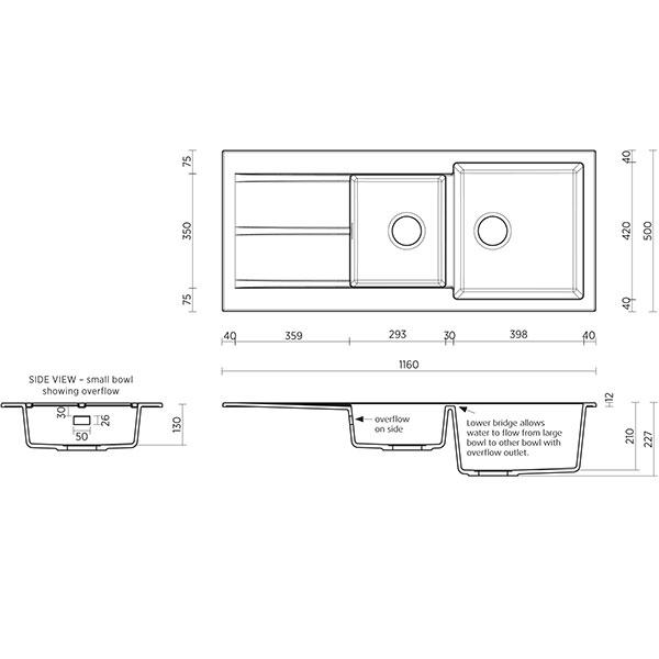 Technical Drawing - Seima Oros 1160 Kitchen Sink with drainer
