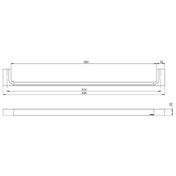 Phoenix Gloss Single Towel Rail 600mm Brushed Gold Technical Drawing - The Blue Space