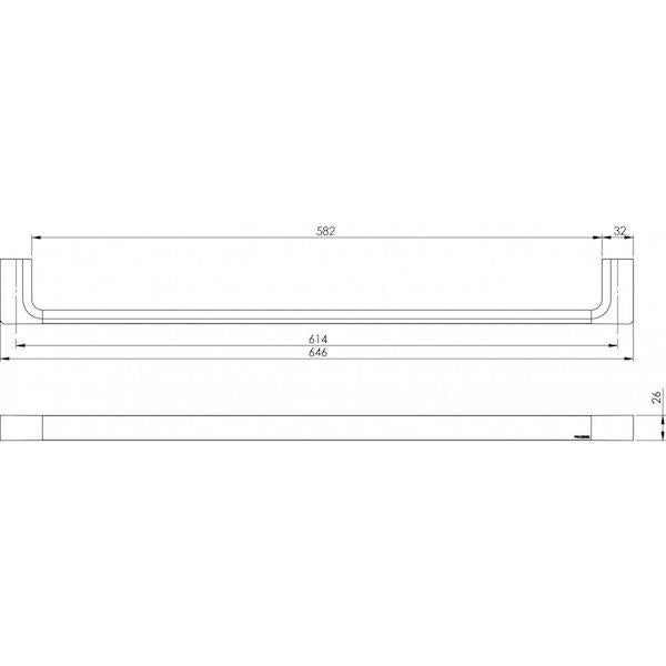 Phoenix Gloss Single Towel Rail Chrome 650mm Technical Drawing - The Blue Space