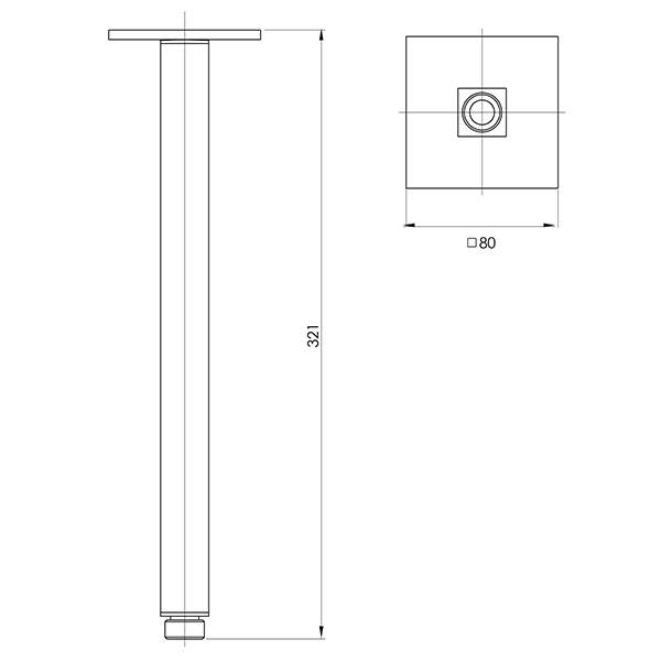 Phoenix Lexi Ceiling Arm Only 300mm Square-Matte Black specs - line drawing and dimensions