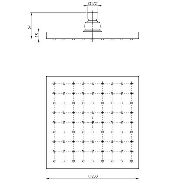 Phoenix Lexi Shower Rose Only 200mm Square - Gun Metal - specs - line drawing and dimensions