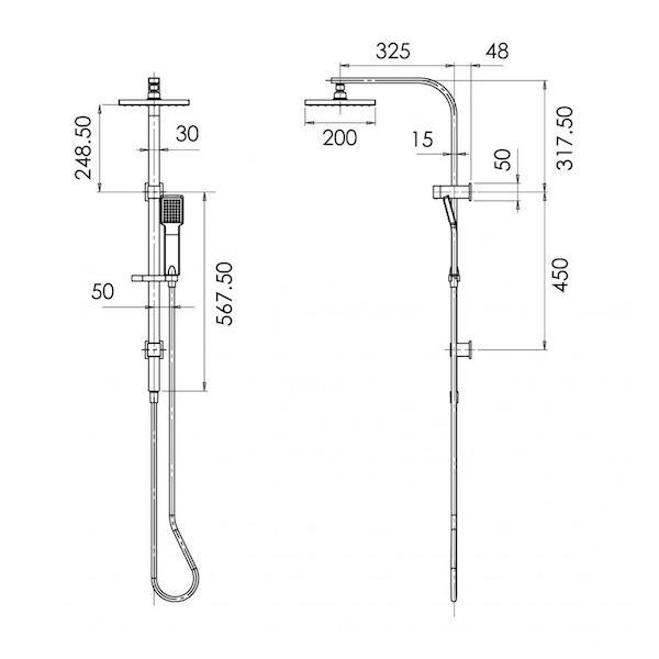 Phoenix Lexi Twin Shower-Chrome - specs - line drawing and dimensions
