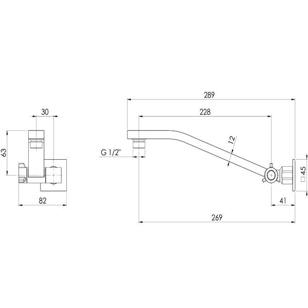 Phoenix Lexi Universal Shower Arm - specs - line drawing and dimensions