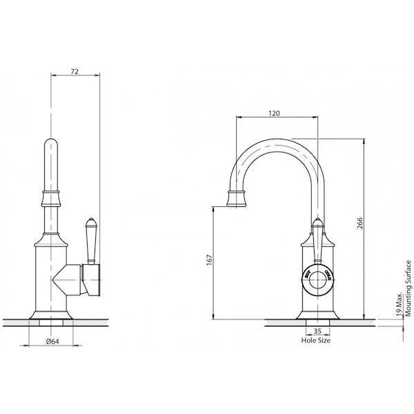 Phoenix Nostalgia Basin Mixer 120mm Gooseneck - Chrome specs - line drawing and dimensions