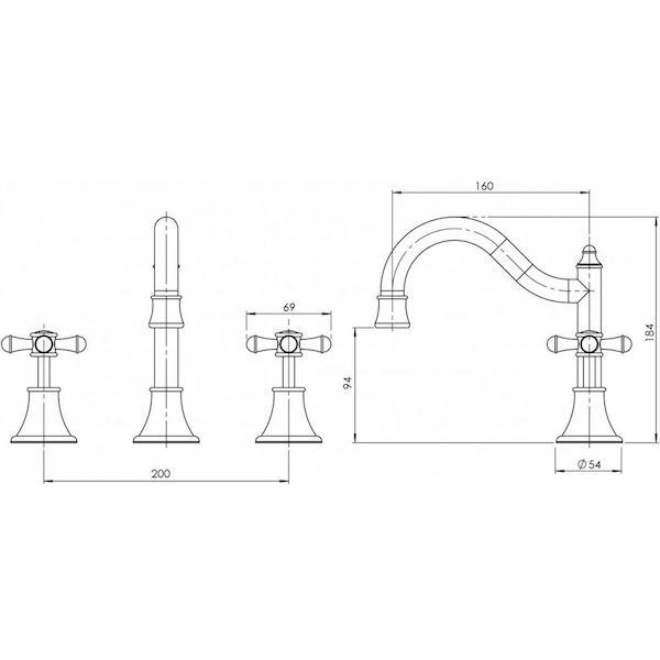 Phoenix Nostalgia Basin Set Shepherds Crook - specs - line drawing and dimensions