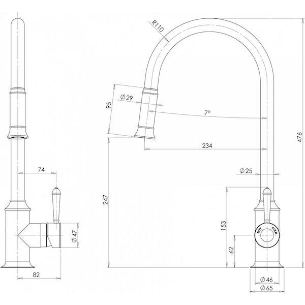 Phoenix Nostalgia Pull Out Sink Mixer-Chrome specs - line drawing and dimensions