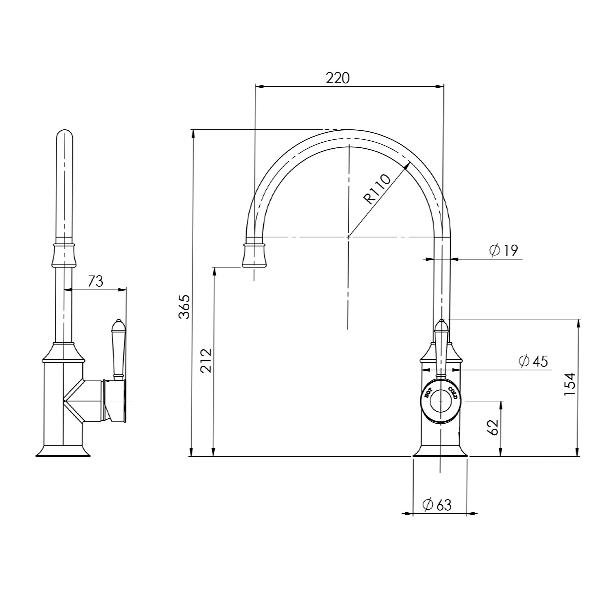 Technical Drawing - Phoenix Nostalgia Sink Mixer 220mm Gooseneck-Chrome