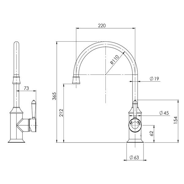 Technical Drawing - Phoenix Nostalgia Sink Mixer 220mm Gooseneck- Chrome/White