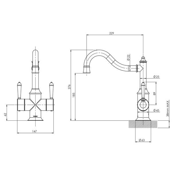 Technical Drawing - Phoenix Nostalgia Twin Handle Sink Mixer 220mm Shepherds Crook- Chrome/White