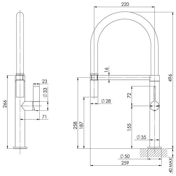 Technical Drawing -Phoenix Prize Flexible Coil Sink Mixer - Matte Black